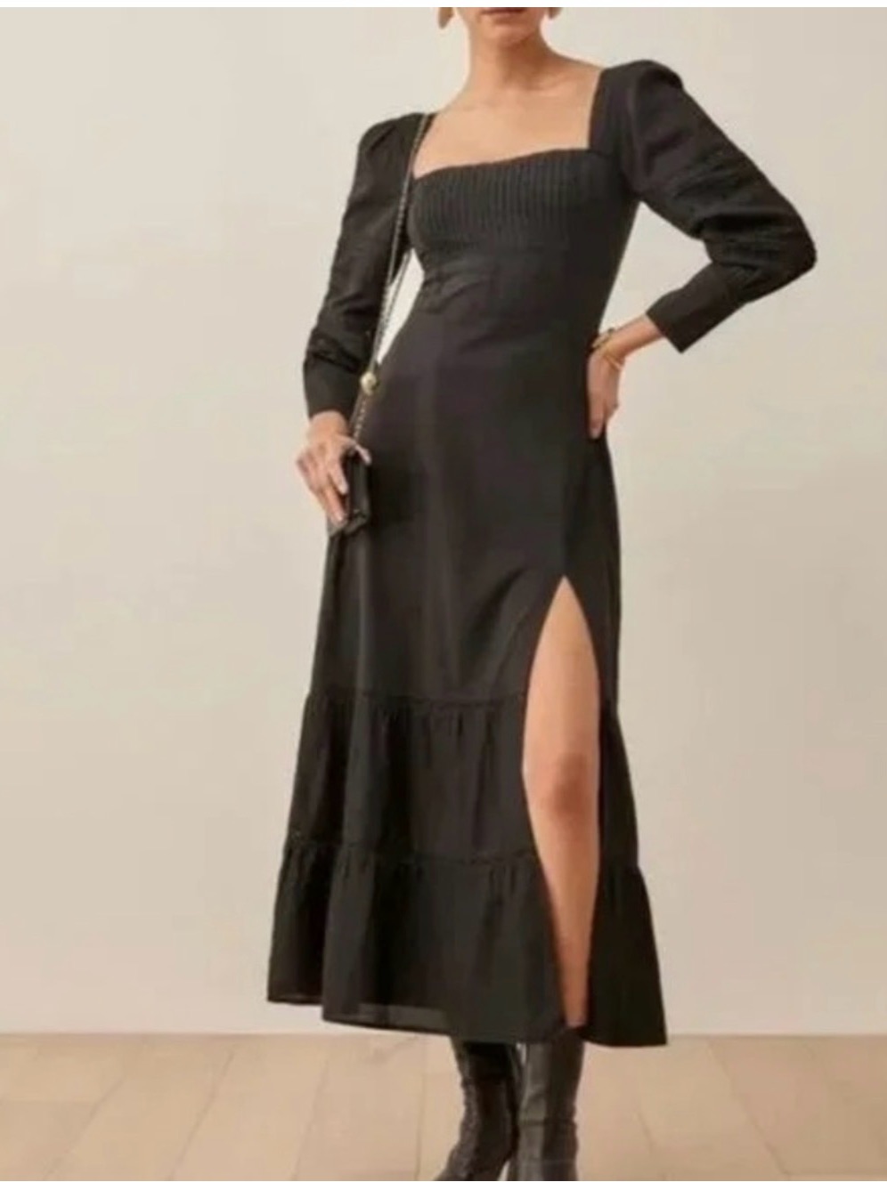 Reformation Black Square-Neck Long Sleeve Maxi Dress With Side Slit